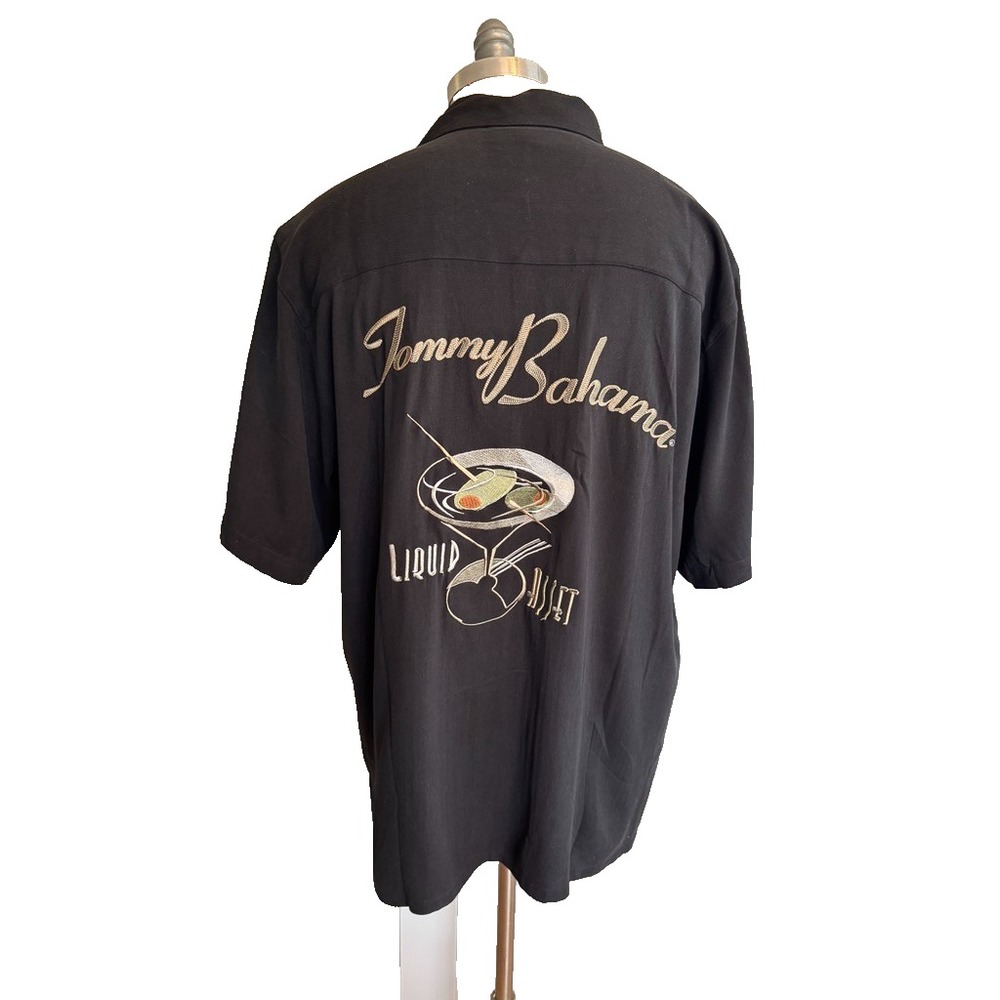 Tommy Bahama Camp Shirt L Men Embroidered "Liquid Asset" Martini Black 100% Silk